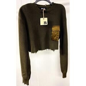 SER.O.YA Cropped Distressed Knit Sweater Olive Green Size L New